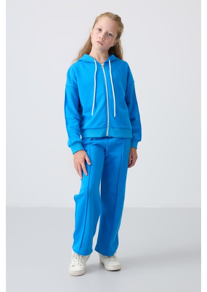 Mavi Pamuklu İçi Tüylü Yumuşak Dokulu Standart Fit Nakışlı Kız Çocuk Eşofman Takım - 75161