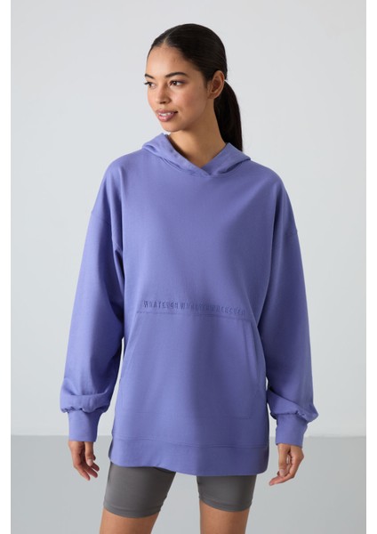 Eflatun Balon Kol Yazı Nakışlı Kadın Oversize Tunik Sweatshirt - 97163