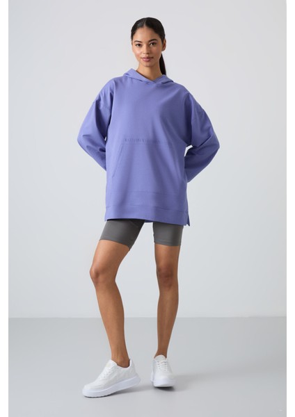 Eflatun Balon Kol Yazı Nakışlı Kadın Oversize Tunik Sweatshirt - 97163 fiyatları