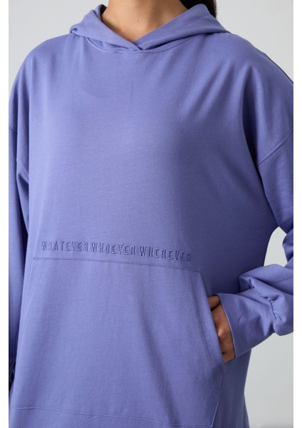 Eflatun Balon Kol Yazı Nakışlı Kadın Oversize Tunik Sweatshirt - 97163 modelleri