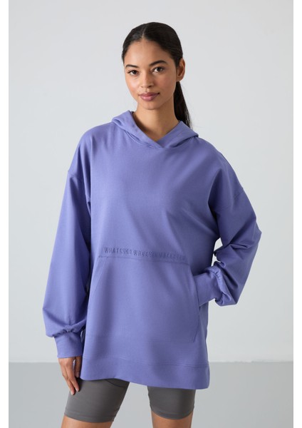 Eflatun Balon Kol Yazı Nakışlı Kadın Oversize Tunik Sweatshirt - 97163 indirimleri