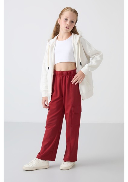 Koyu Kırmızı Kargo Cepli Ön Dikiş Detaylı Geniş Paça Kız Çocuk Eşofman Altı - 75143