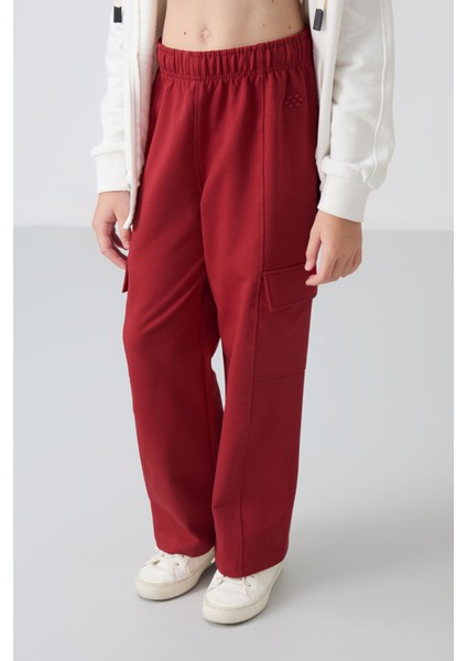 Koyu Kırmızı Kargo Cepli Ön Dikiş Detaylı Geniş Paça Kız Çocuk Eşofman Altı - 75143 fiyatları