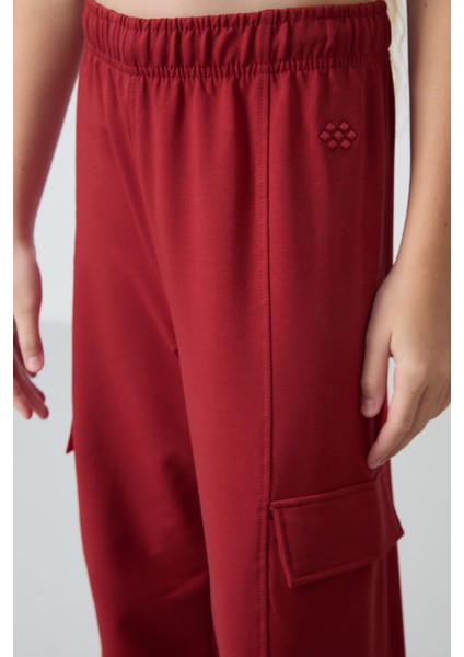 Koyu Kırmızı Kargo Cepli Ön Dikiş Detaylı Geniş Paça Kız Çocuk Eşofman Altı - 75143 modelleri