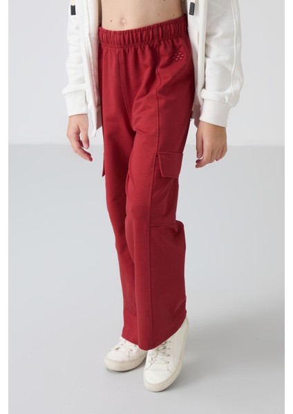 Koyu Kırmızı Kargo Cepli Ön Dikiş Detaylı Geniş Paça Kız Çocuk Eşofman Altı - 75143 fırsatları