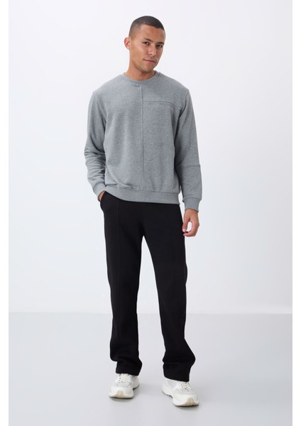 Gri Melanj Kompakt Pamuklu Kalın Pürüzsüz Dokulu O Yaka Standart Fit Erkek Sweatshirt -88405 modelleri
