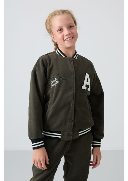 Haki Kalın Yumuşak Dokulu Standart Fit Nakışlı Polar Kız Çocuk Kolej Ceket - 75156