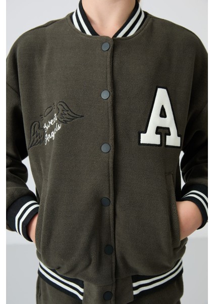 Haki Kalın Yumuşak Dokulu Standart Fit Nakışlı Polar Kız Çocuk Kolej Ceket - 75156 fiyatları