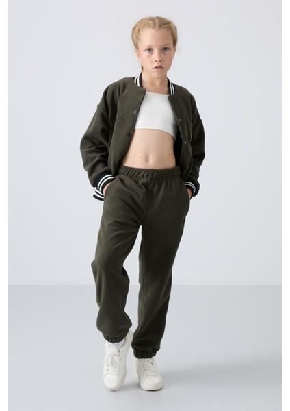 Haki Kalın Yumuşak Dokulu Standart Fit Nakışlı Polar Kız Çocuk Eşofman Alt - 75155