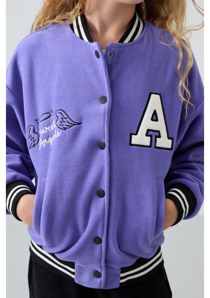 Eflatun Kalın Yumuşak Dokulu Standart Fit Nakışlı Polar Kız Çocuk Kolej Ceket - 75156 fiyatları