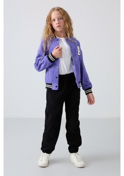 Eflatun Kalın Yumuşak Dokulu Standart Fit Nakışlı Polar Kız Çocuk Kolej Ceket - 75156 modelleri