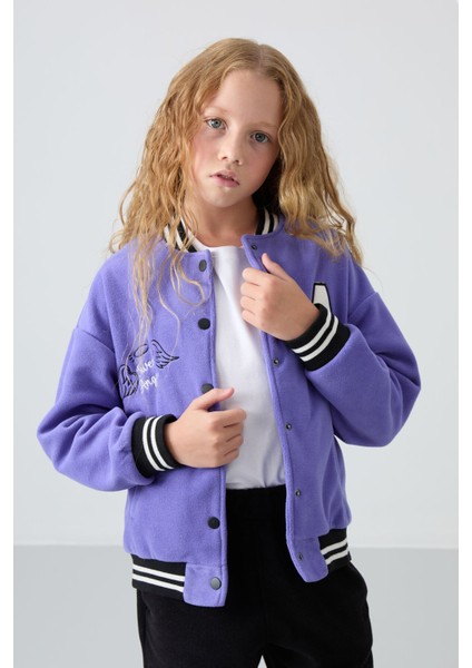 Eflatun Kalın Yumuşak Dokulu Standart Fit Nakışlı Polar Kız Çocuk Kolej Ceket - 75156 fırsatları