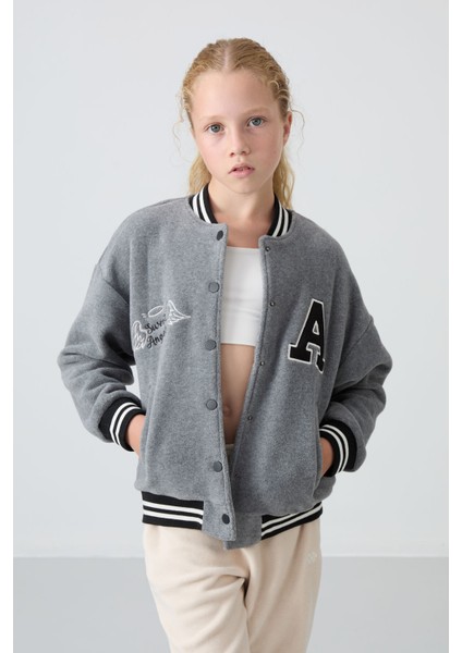Gri Melanj Kalın Yumuşak Dokulu Standart Fit Nakışlı Polar Kız Çocuk Kolej Ceket - 75156