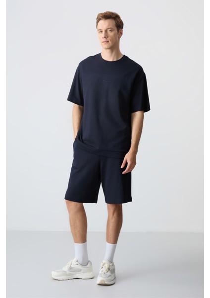 Lacivert Pamuklu Kalın Yumuşak Dokulu Comfort Fit Basic Erkek Şort Takım - 85257