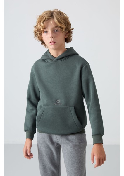 Haki Pamuklu Kalın İçi Tüylü Yumuşak Dokulu Standart Fit Baskılı Erkek Çocuk Sweatshirt - 11215