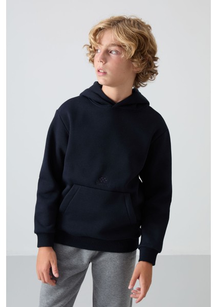 Lacivert Pamuklu Kalın İçi Tüylü Yumuşak Dokulu Standart Fit Baskılı Erkek Çocuk Sweatshirt - 11215