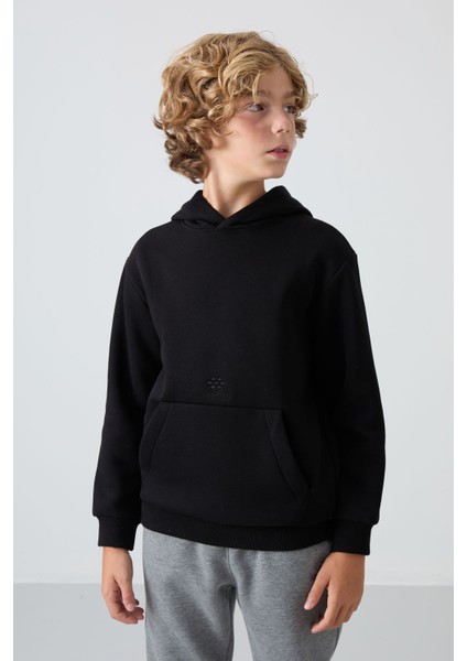 Siyah Pamuklu Kalın İçi Tüylü Yumuşak Dokulu Standart Fit Baskılı Erkek Çocuk Sweatshirt - 11215