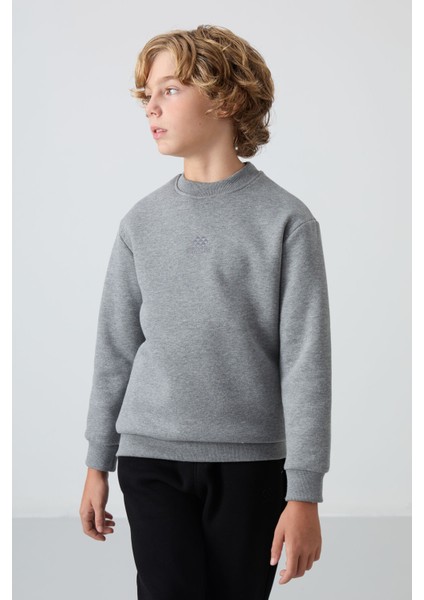 Gri Melanj Pamuklu Kalın İçi Tüylü Yumuşak Dokulu Standart Fit Nakışlı Erkek Çocuk Sweatshirt - 11232