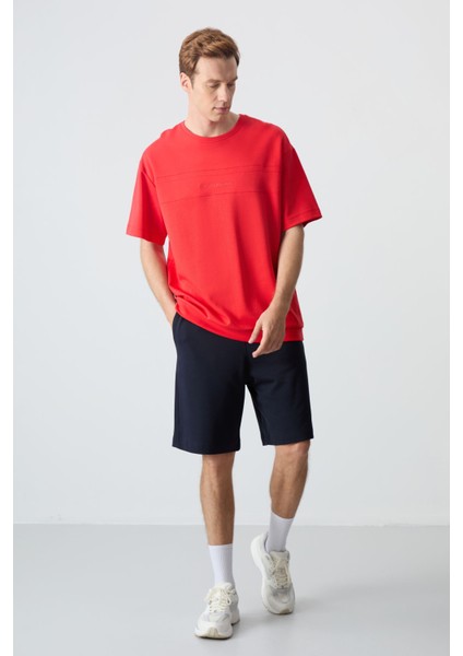 Fiesta Lacivert Pamuklu Kalın Yumuşak Dokulu Oversize Fit Basic Erkek Şort Takım - 85257
