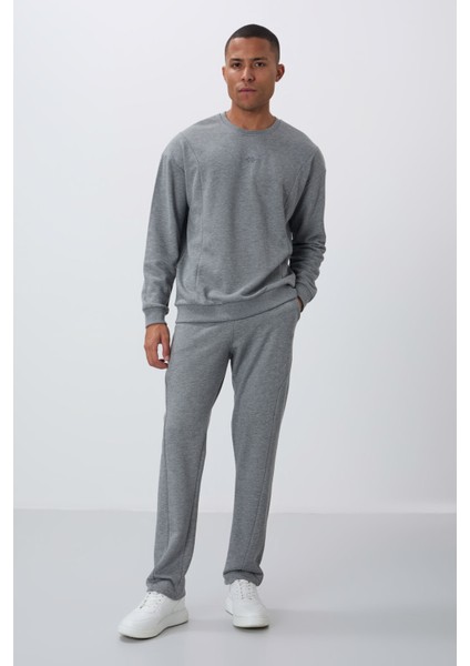 Gri Melanj Kompakt Pamuklu Kalın Pürüzsüz Dokulu O Yaka Comfort Fit Erkek Eşofman Takım -85263