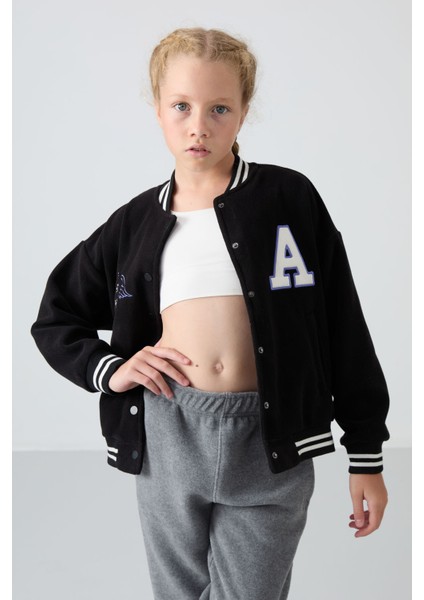 Siyah Kalın Yumuşak Dokulu Standart Fit Nakışlı Polar Kız Çocuk Kolej Ceket - 75156 fiyatları