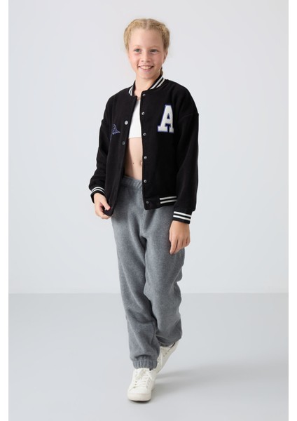 Siyah Kalın Yumuşak Dokulu Standart Fit Nakışlı Polar Kız Çocuk Kolej Ceket - 75156 modelleri