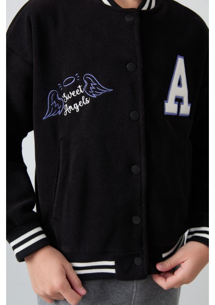 Siyah Kalın Yumuşak Dokulu Standart Fit Nakışlı Polar Kız Çocuk Kolej Ceket - 75156 fırsatları