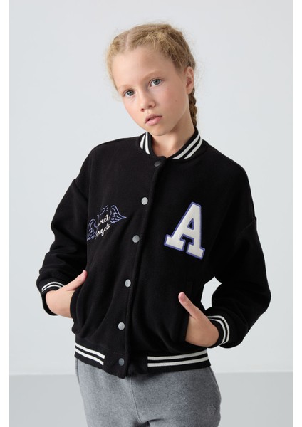Siyah Kalın Yumuşak Dokulu Standart Fit Nakışlı Polar Kız Çocuk Kolej Ceket - 75156 indirimleri
