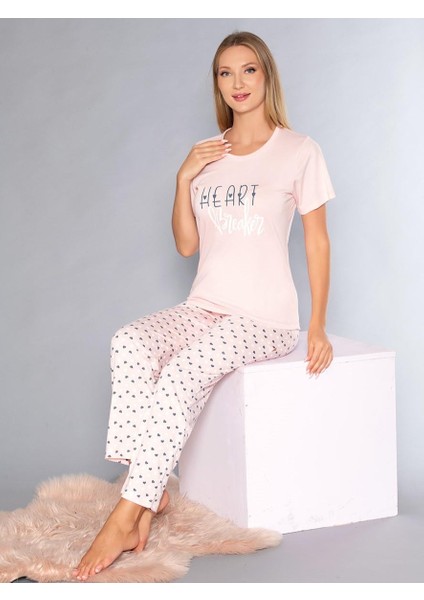 Kısa Kollu Bisiklet Yaka Pijama Takımı - Yazlık Kalp Desenli Yumuşak Milan Kumaş - Poppy 58-02
