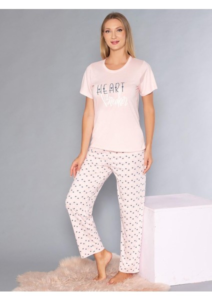 Kısa Kollu Bisiklet Yaka Pijama Takımı - Yazlık Kalp Desenli Yumuşak Milan Kumaş - Poppy 58-02 modelleri