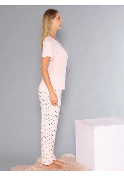 Kısa Kollu Bisiklet Yaka Pijama Takımı - Yazlık Kalp Desenli Yumuşak Milan Kumaş - Poppy 58-02 fırsatları