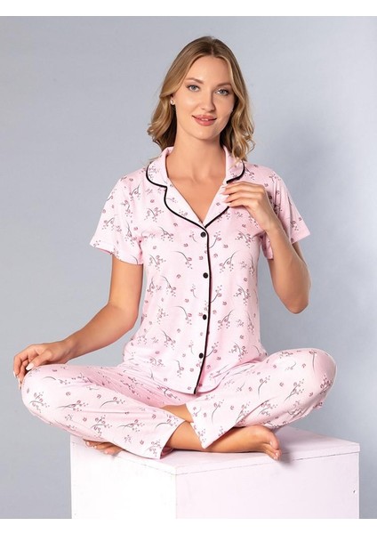Boydan Düğmeli Kısa Kollu Gömlek Pijama Takımı - Yazlık Çiçek Desenli Yumuşak Milan Kumaş - Poppy 58-09