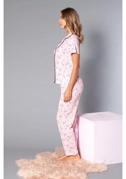 Boydan Düğmeli Kısa Kollu Gömlek Pijama Takımı - Yazlık Çiçek Desenli Yumuşak Milan Kumaş - Poppy 58-09 modelleri