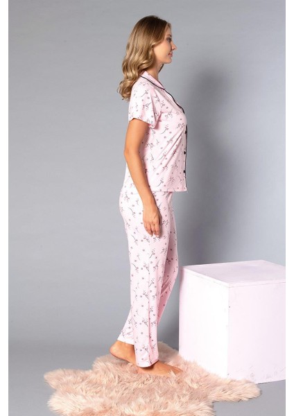 Boydan Düğmeli Kısa Kollu Gömlek Pijama Takımı - Yazlık Çiçek Desenli Yumuşak Milan Kumaş - Poppy 58-09 fırsatları