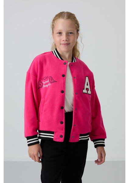 Fuşya Kalın Yumuşak Dokulu Standart Fit Nakışlı Polar Kız Çocuk Kolej Ceket - 75156