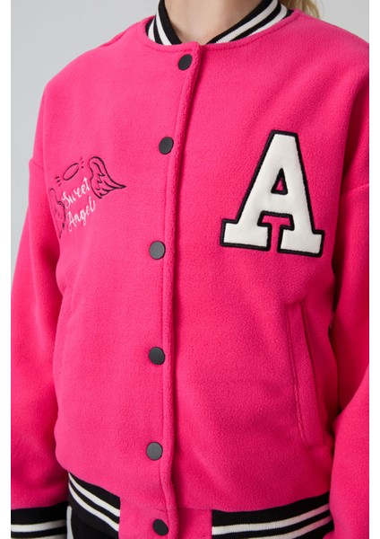 Fuşya Kalın Yumuşak Dokulu Standart Fit Nakışlı Polar Kız Çocuk Kolej Ceket - 75156 fiyatları