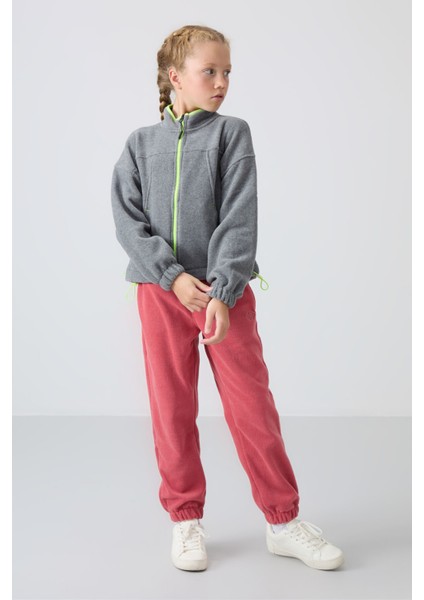 Gri Melanj Kalın Yumuşak Dokulu Standart Fit Nakışlı Polar Kız Çocuk Sweatshirt - 75157