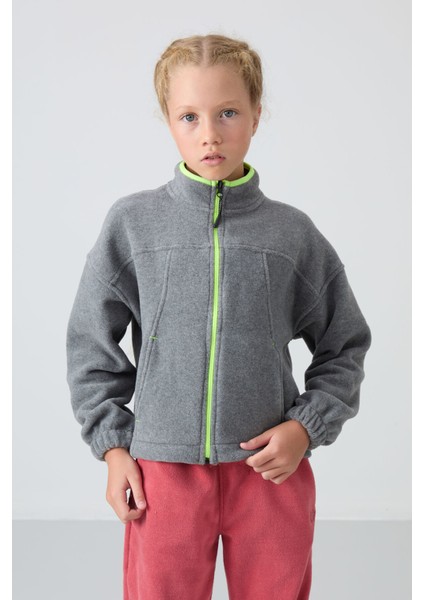 Gri Melanj Kalın Yumuşak Dokulu Standart Fit Nakışlı Polar Kız Çocuk Sweatshirt - 75157 modelleri