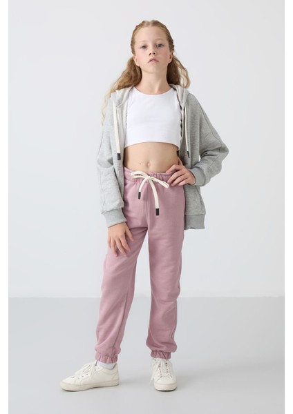 Gül Kurusu Pamuklu Içi Tüylü Yumuşak Dokulu Standart Fit Nakışlı Kız Çocuk eşofman Alt - 75158