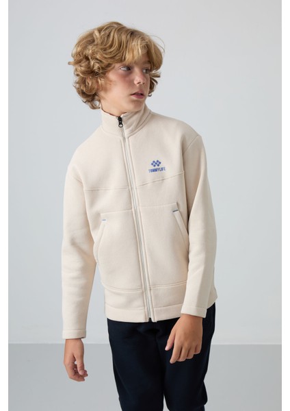 Bej Pamuklu Kalın İçi Tüylü Yumuşak Dokulu Standart Fit Nakışlı Erkek Çocuk Sweatshirt - 11245