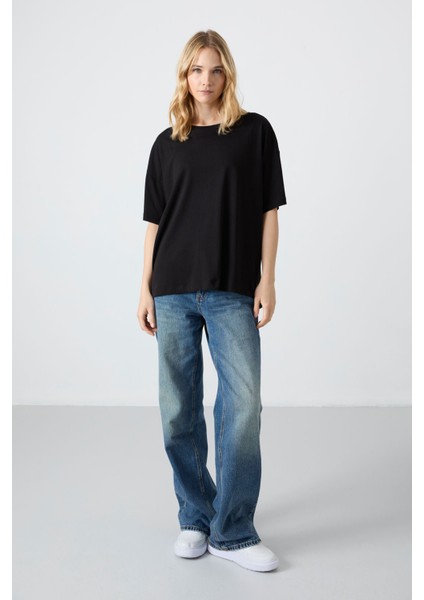 Oversize Fit Basic O Yaka 3lü Paket Siyah Kadın T-Shirt 97285 fırsatları