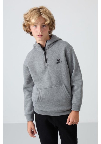 Gri Melanj Pamuklu Kalın İçi Tüylü Standart Fit Nakışlı Erkek Çocuk Sweatshirt - 11244