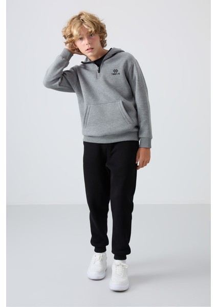 Gri Melanj Pamuklu Kalın İçi Tüylü Standart Fit Nakışlı Erkek Çocuk Sweatshirt - 11244 fiyatları