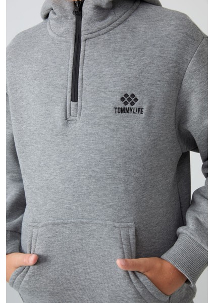 Gri Melanj Pamuklu Kalın İçi Tüylü Standart Fit Nakışlı Erkek Çocuk Sweatshirt - 11244 modelleri
