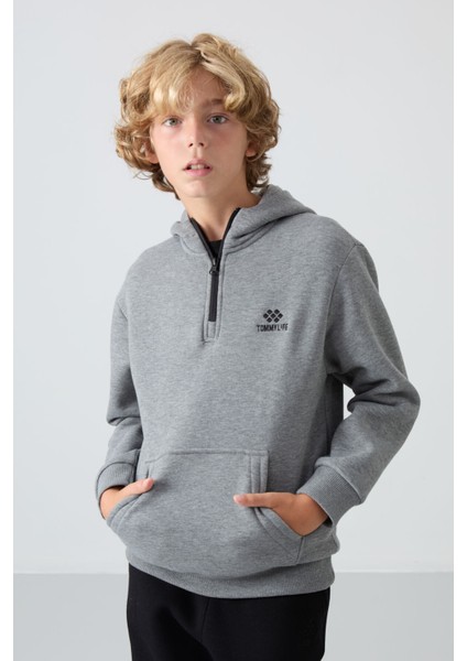 Gri Melanj Pamuklu Kalın İçi Tüylü Standart Fit Nakışlı Erkek Çocuk Sweatshirt - 11244 fırsatları