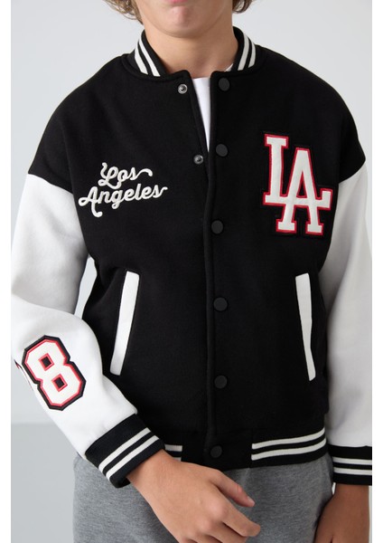 Siyah Pamuklu Kalın İçi Tüylü Yumuşak Dokulu Standart Fit Nakışlı Erkek Çocuk Kolej Ceket - 11258 modelleri