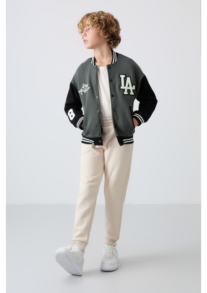 Haki Pamuklu Kalın İçi Tüylü Yumuşak Dokulu Standart Fit Nakışlı Erkek Çocuk Kolej Ceket - 11258 modelleri