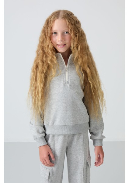 Gri Melanj Pamuklu İçi Tüylü Yumuşak Dokulu Standart Fit Nakışlı Kız Çocuk Eşofman Takım - 75159 modelleri