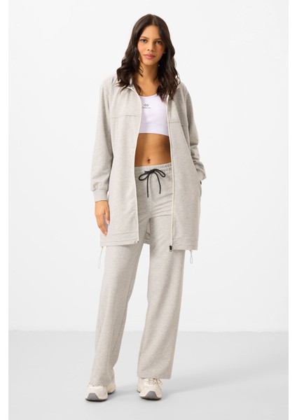Gri Melanj Dik Yaka Fermuarlı Pamuklu Kadın Eşofman Tunik Takım - 95346