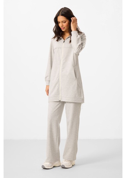Gri Melanj Dik Yaka Fermuarlı Pamuklu Kadın Eşofman Tunik Takım - 95346 modelleri